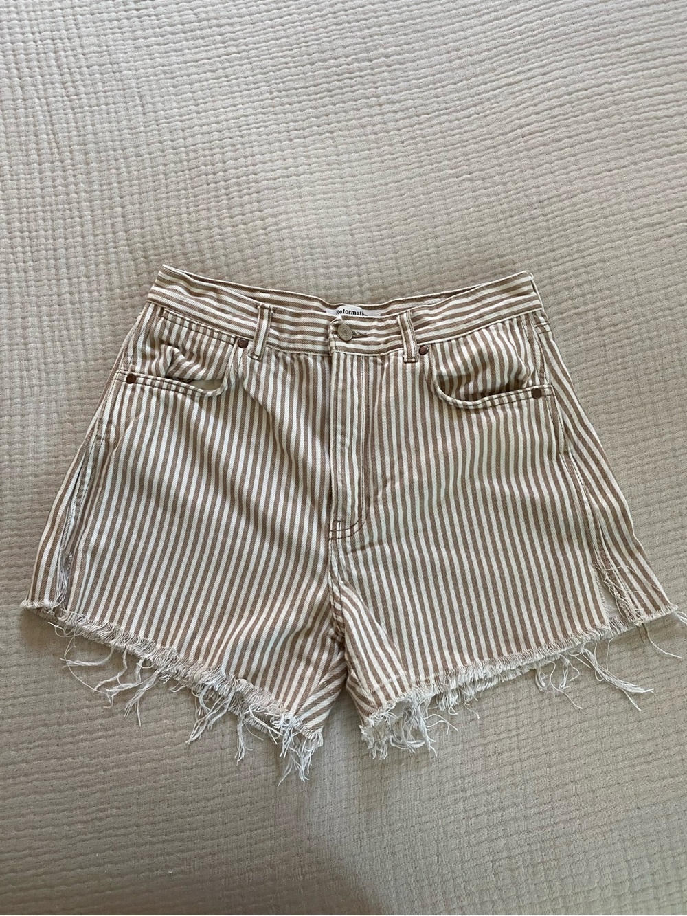 Reformation Striped Tan and White Cutoff Jean Shorts